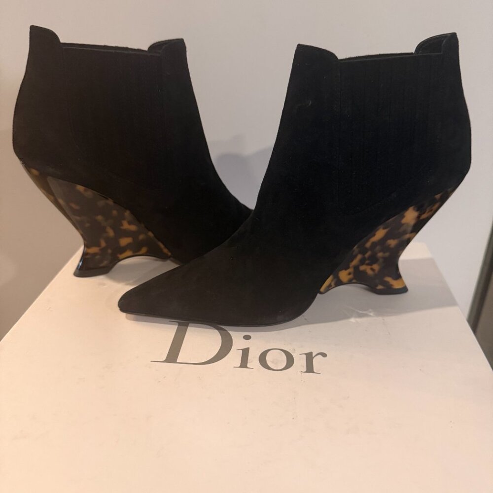 Christian Dior/Dior Optic-D Black 900 Noir Suede Ankle Boots-Tortoise Wedge